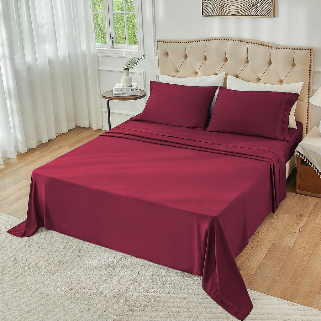 Yibeizi Queen Sheet Set Cooling Sheets Deep Pocket Queen Size Bed Sheets Set, Red Soft Microfiber Oeko-Tex Sheets & Pillowcases Hypoallergenic Wrinkle Free Bedsheets