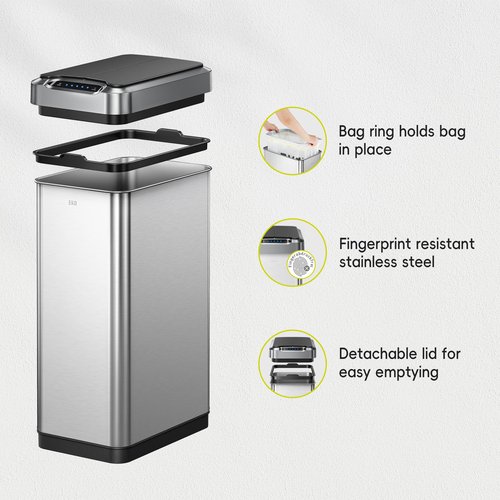 EKO Phantom-T 50 Liter / 13.2 Gallon Vertical Motion Sensor Trash Can, Brushed Stainless Steel Finish