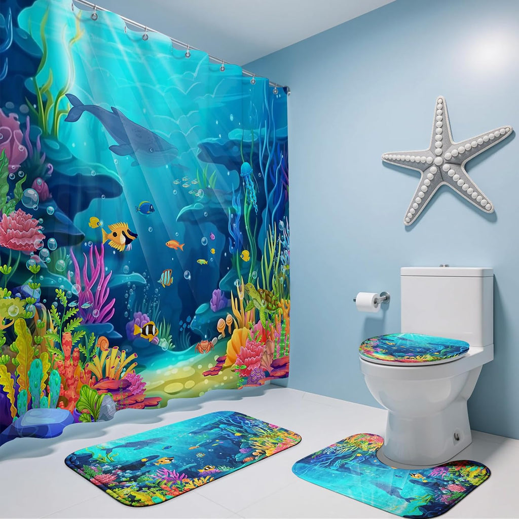 Skiennix Ocean Shower Curtain Set - Tropical Underwater World Design with Non-Slip Bath Rugs | 4-Piece Kids Bathroom Decor