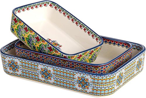 Boho Style Ceramic Baking Dishes Set of 3 | Rectangular Casserole Dishes for Oven, Roasting & Serving