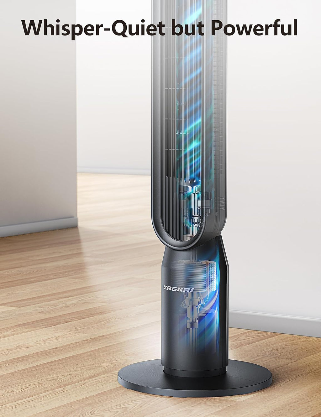 VAGKRI 42-Inch Quiet Tower Fan - Bladeless Design with 135° Oscillation & 4 Speed Modes | Remote Control, Black