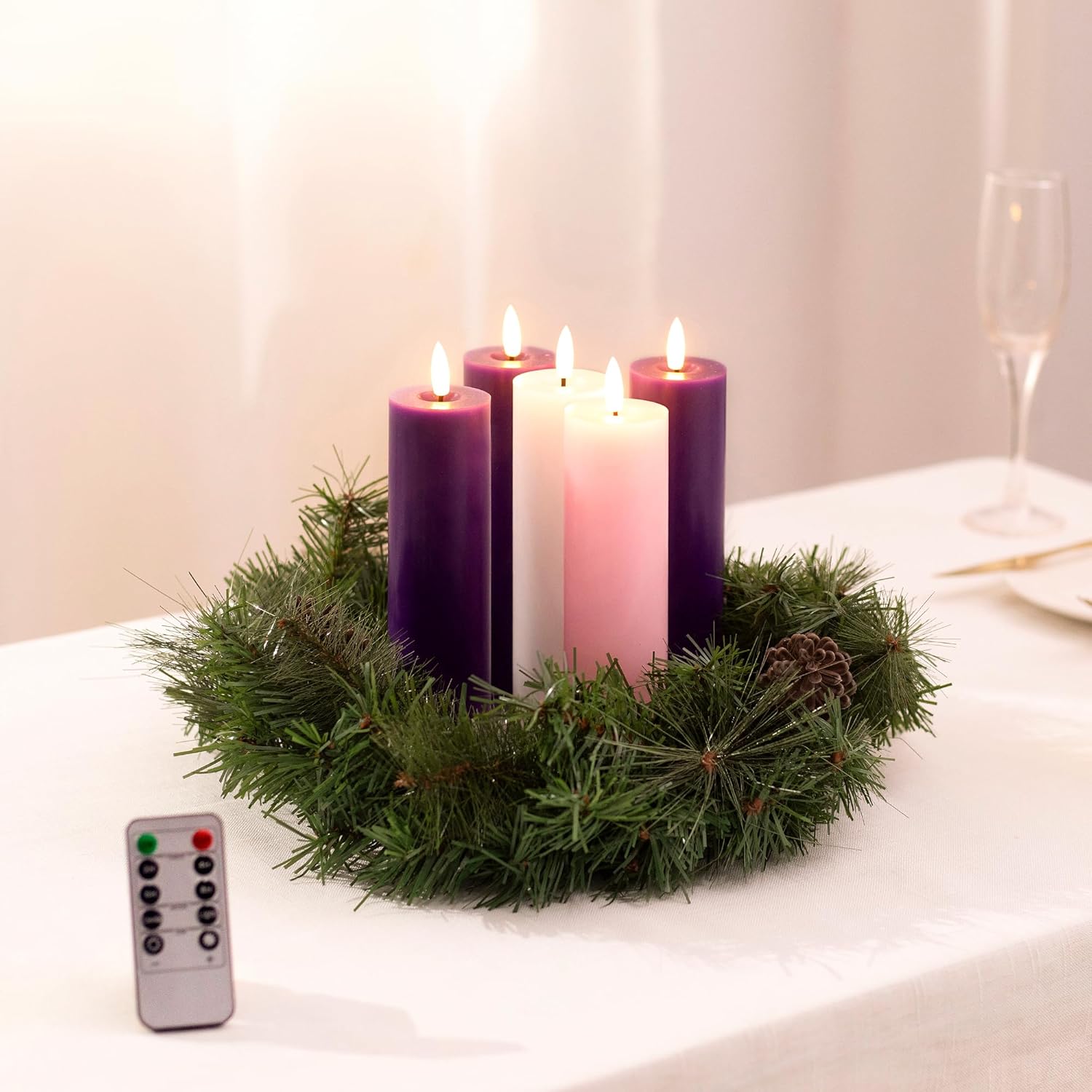 Stmarry Advent Candles Set - Battery Operated Flameless Pillar Candles with Remote & Timer | 2x7 Pink & Purple