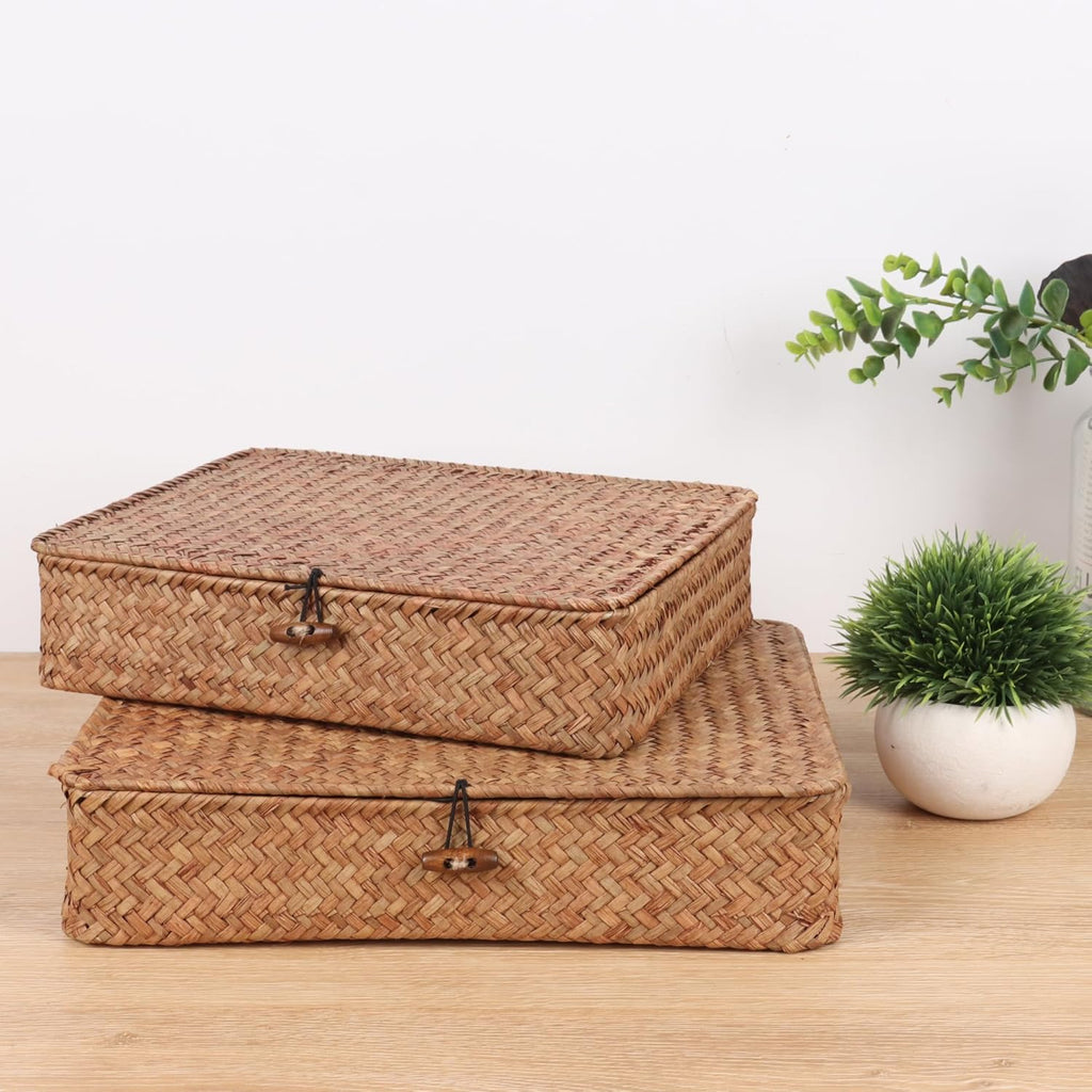 Moosky Wicker Shelf Baskets - Handwoven Seagrass Storage Bins with Lids | Coffee Set of 2