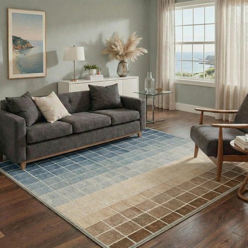 Bavni Runner Rugs - Machine Washable Non-Slip Low Pile | Grid Print Pattern, Blue & Brown, 2x5 ft