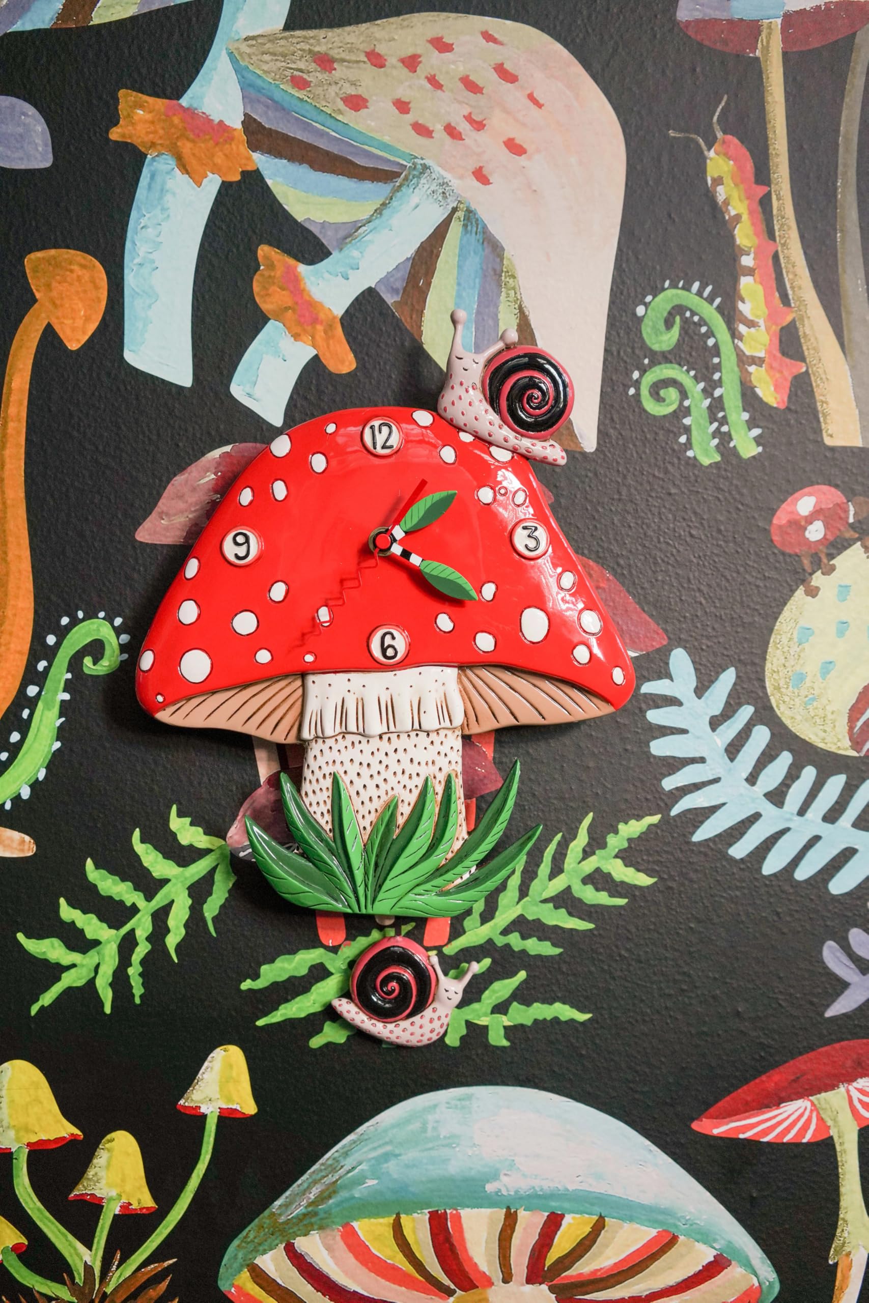 Enesco Allen Designs Fun-Guy Forest Mushroom and Snails Sculpted Pendulum Wall Clock, 11.61 Inch, Multicolor