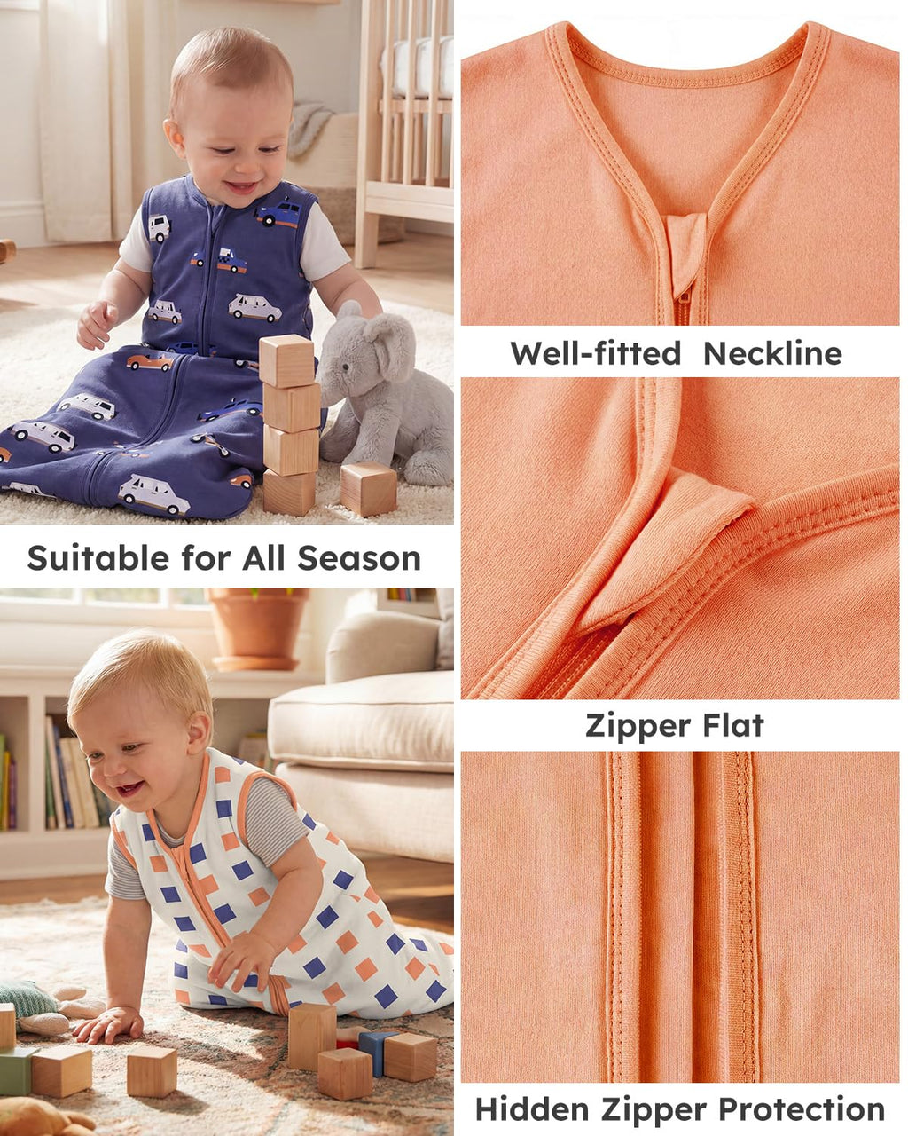 Yoofoss Baby Sleep Sack | 100% Organic Cotton Wearable Blanket for 12-18 Months | 2-Way Zipper, 3-Pack