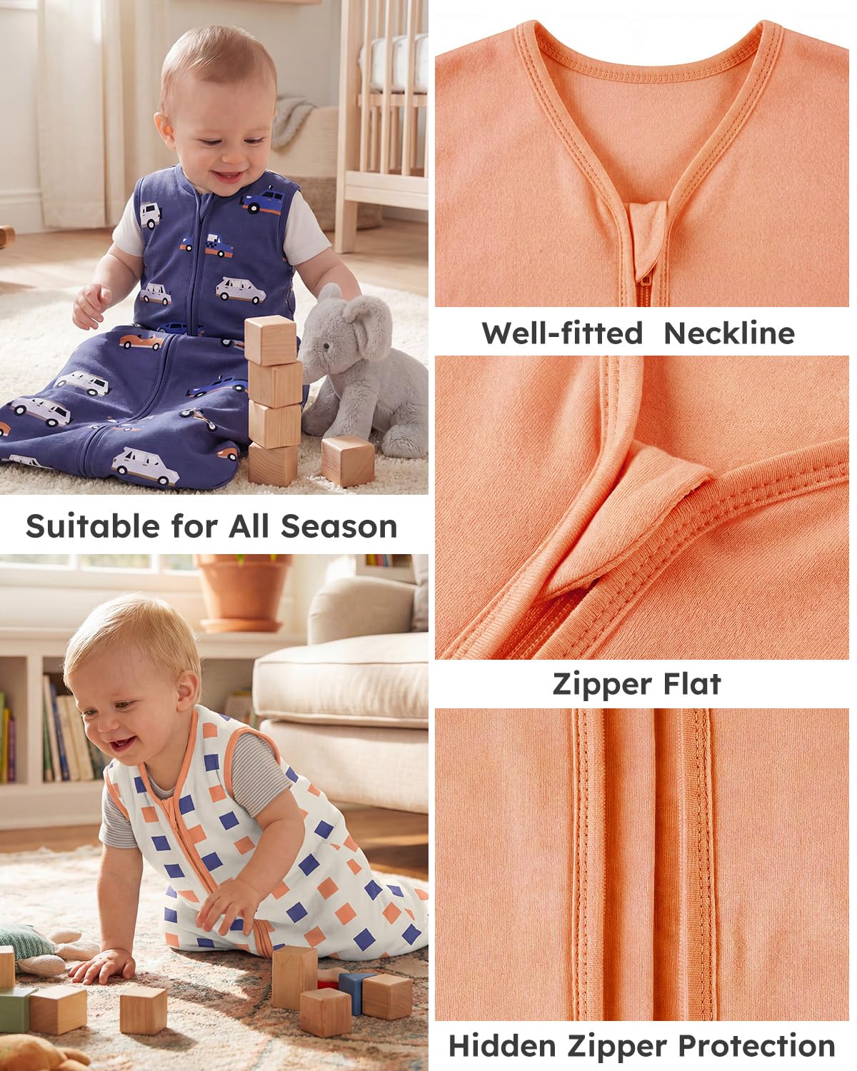 Yoofoss Baby Sleep Sack | 100% Organic Cotton Wearable Blanket for 12-18 Months | 2-Way Zipper, 3-Pack