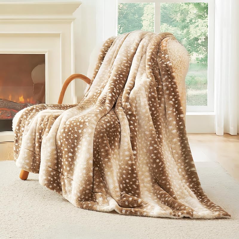 Cozy Bliss Deer Print Faux Fur Throw Blanket 50" x 60" – Brown Deer, 400GSM + 200GSM Sherpa