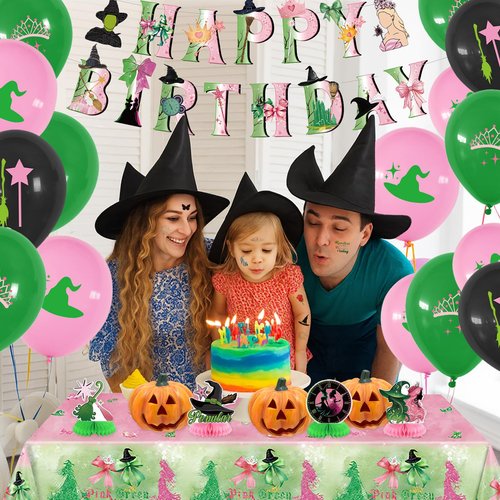 Witch Birthday Decorations Pink Green - Witch Theme Girls Happy Birthday Decorations Include Banner Hanging Swirls Temporary Tattoos Tablecloth Table Centerpieces Balloons for Wlcked Party Decor