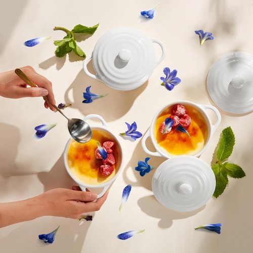 Kook Mini Cocotte Set - Small Ceramic Casserole Dishes with Lids | Oven & Microwave Safe, 12 oz, Set of 4 (Swiss White)
