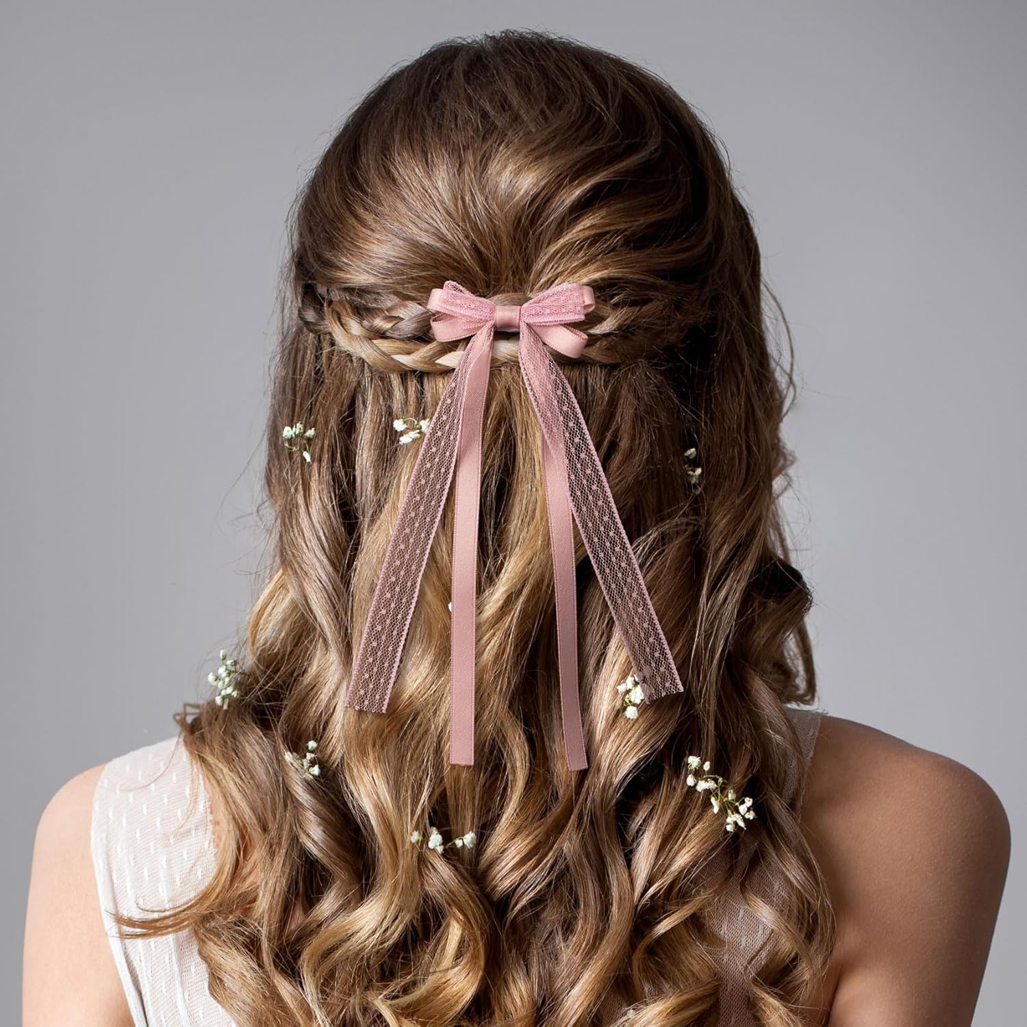 Skiennix Pink Lace Hair Bows - Cute Coquette Bow Clips with Long Tail Ribbons for Women | Perfect for Weddings & Events