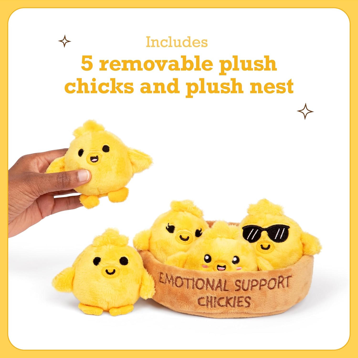 Relatable Emotional Support Chickies | Cuddly Plush Stuffed Animals - Set of 5 with Carrying Basket