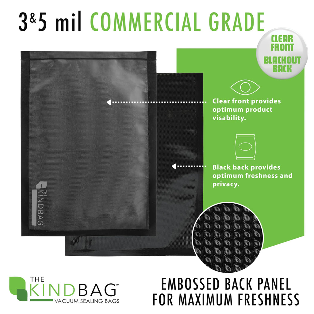 The Kind Bag Vacuum Seal Bags for Food; Food Grade, BPA Free & Freezer Safe; Airtight, Odor Free and Moisture Free; Commercial Grade 5mil Clear & Black; 11.5x24 inch Pre Cut Bags (100 ct)
