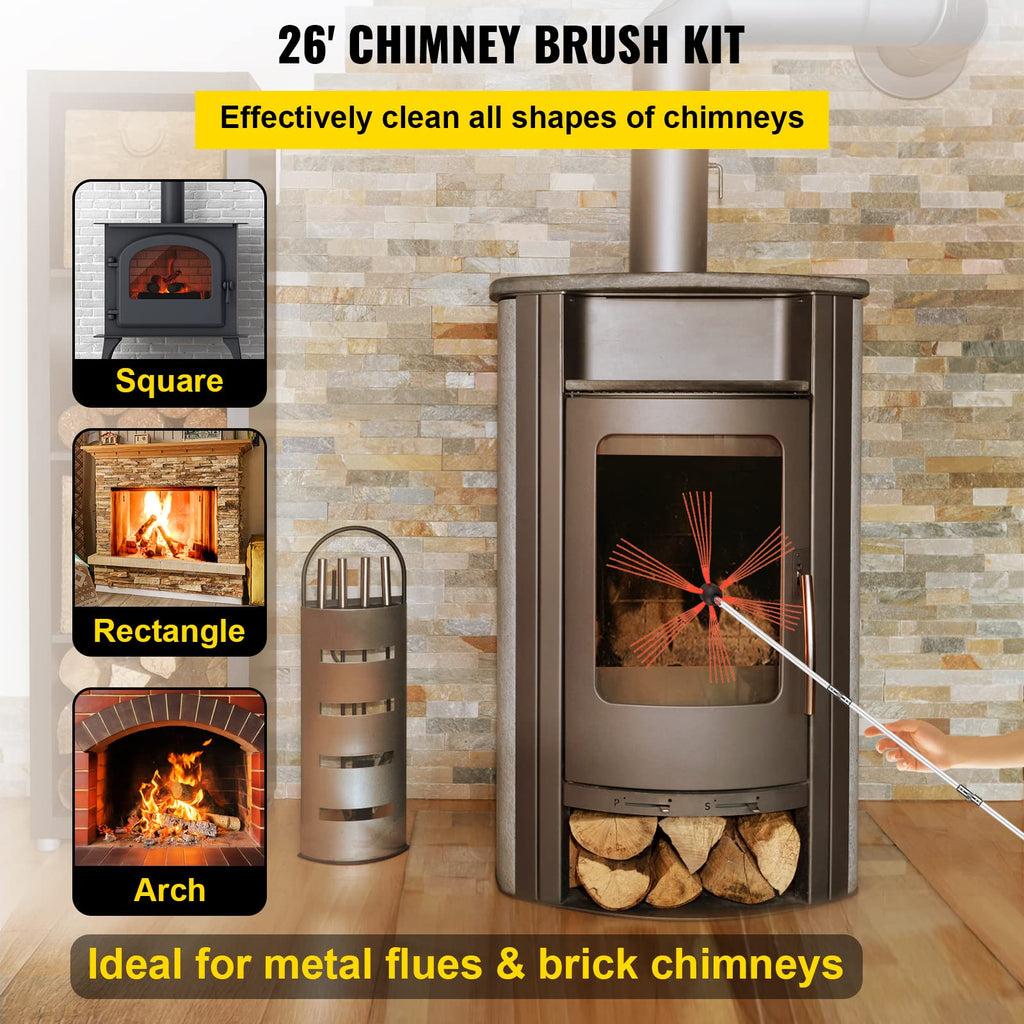 VEVOR Chimney Sweep Kit 26FT - Drill-Powered Brush with 8 Nylon Rods, Flexible Cleaning Tool for Fireplace & Flue