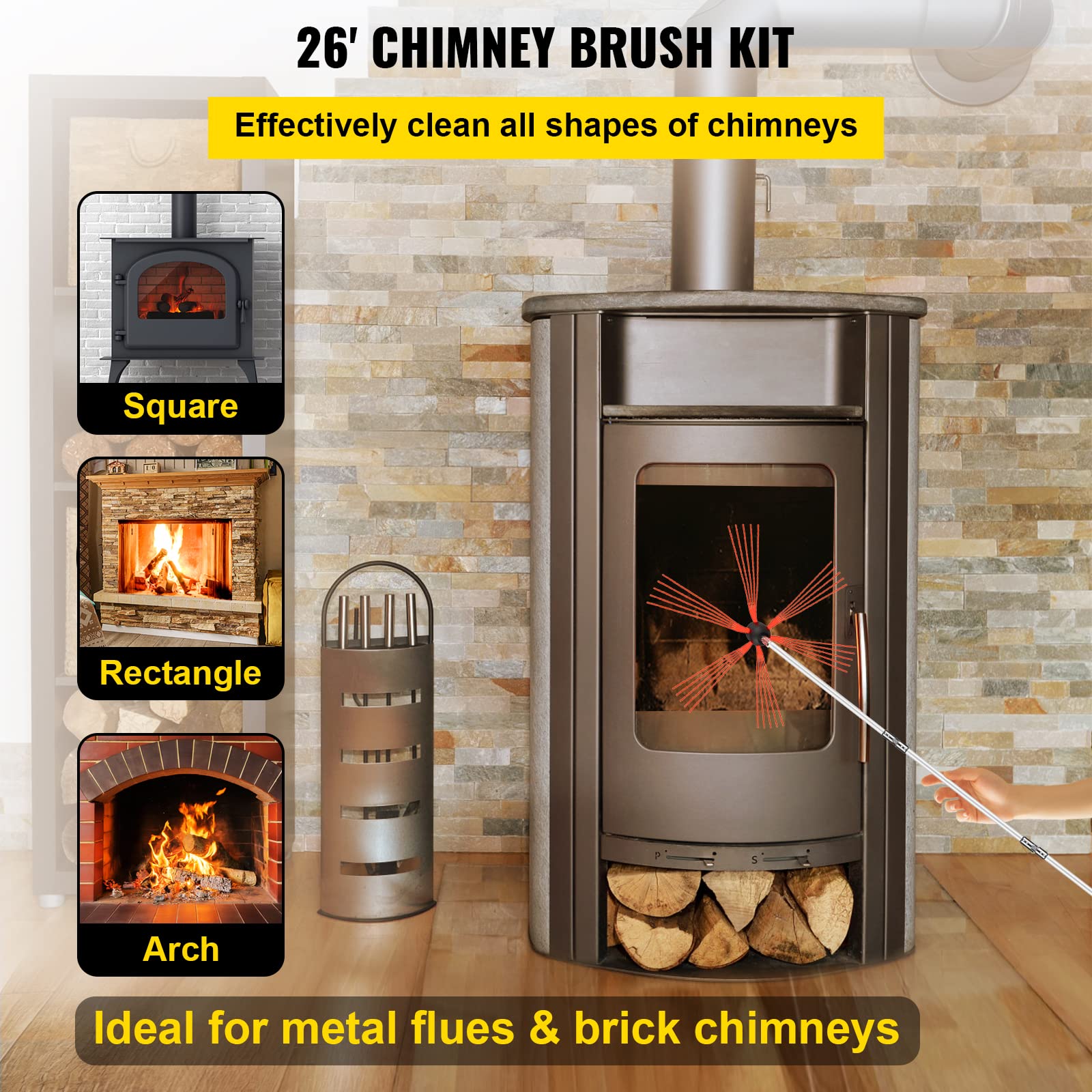 VEVOR Chimney Sweep Kit 26FT - Drill-Powered Brush with 8 Nylon Rods, Flexible Cleaning Tool for Fireplace & Flue
