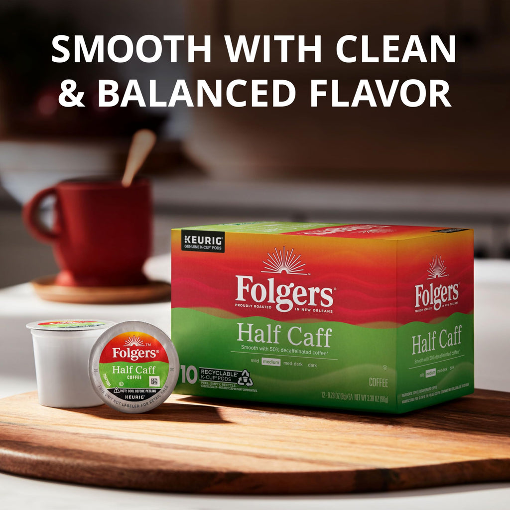 Folgers Half Caff Medium Roast Coffee, Keurig K-Cup Pods, 10 Count Boxes (Case of 6)