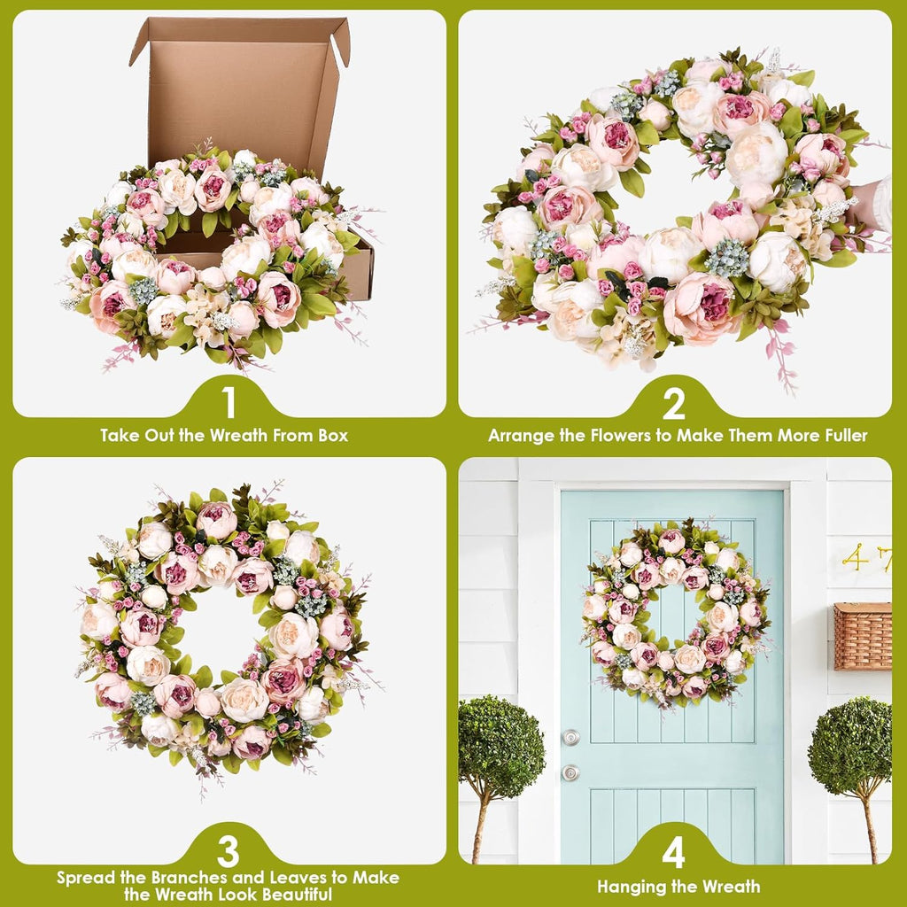 Peony Rose Front Door Wreath by [Brand Name] - 22 Inch Handmade Spring & Summer Decor