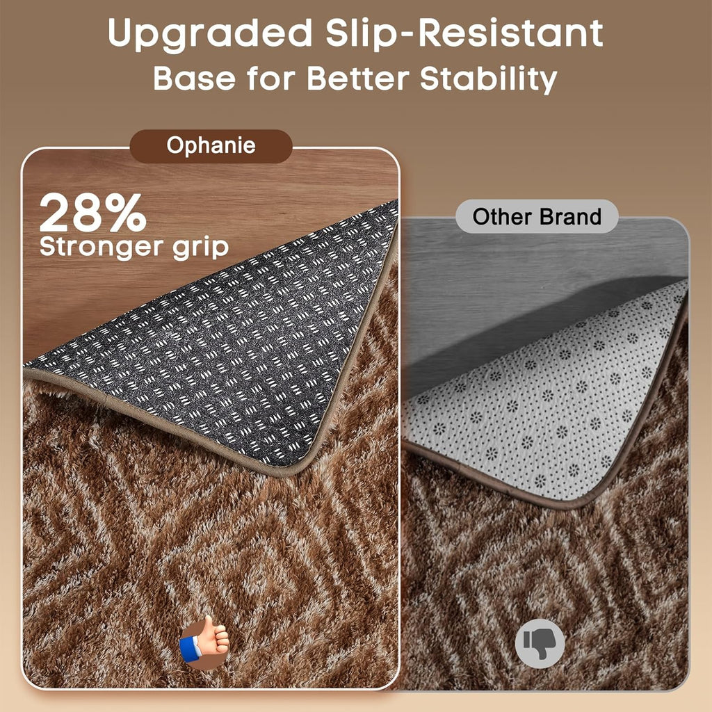 Ophanie Brown & White Diamond Striped Area Rug - Fluffy Shag Soft Carpet for Living Room 9x12