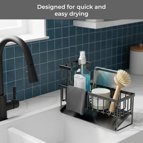 Black Stainless Steel Sponge Holder - Rotating Drain Spout & High Brush Holder | Kitchen Sink Organizer with 2 Bear Sponges