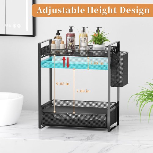 VITVITI 2 Tier Bathroom Organizer Countertop with Drawer, Metal Mesh Bathroom Counter Vanity Organizer Storage, Bath Room Sink Kitchen Spice Rack with Basket Hooks, Black