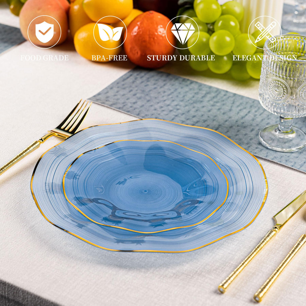 Pryntono 120PCS Blue Plastic Plates with Gold Rim, Heavy Duty Disposable Plates, Elegant and Fancy 60 Dinner and 60 Dessert Plates for Party and Wedding