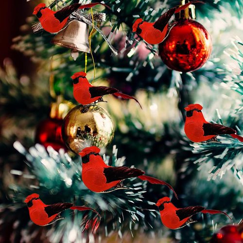 Cartanfill Cardinal Clip-On Christmas Tree Ornaments - Set of 12 Red Feather Birds