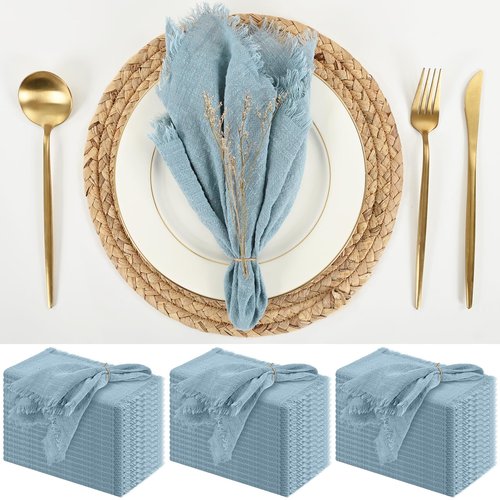 50 Pack Dusty Blue Handmade Cloth Napkins 16 x 16 Inch Cotton Linen Napkins with Fringe, Washable and Reusable Napkins, Soft Rustic Boho Fringe Cloth Napkins for Dinners,Parties, Wedding