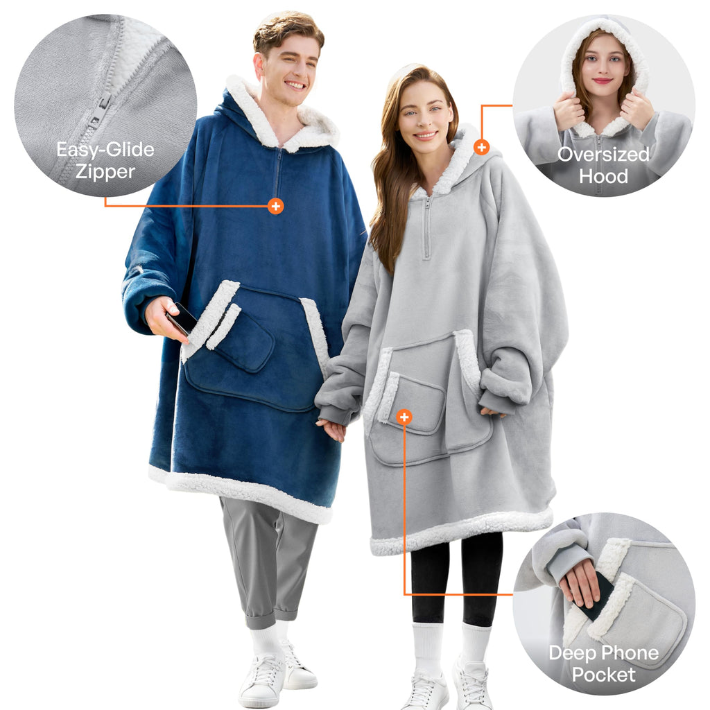Giggling Getup Wearable Blanket Hoodie for Women Men Gifts for Women Mom Wife Sherpa Fleece Hooded Blanket Sweatshirt Warm Cozy Sherpa Wearable Throw with Pocket & Sleeves for Adult Oversize Gray