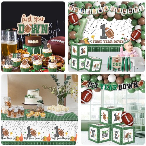First Year Down Birthday Party Decorations, All-in-1 Football First Birthday Decorations with Balloon Arch Kit Photo Banner Highchair Banner One Boxes Plates Napkins Cake Toppers Tablecloths Backdrop