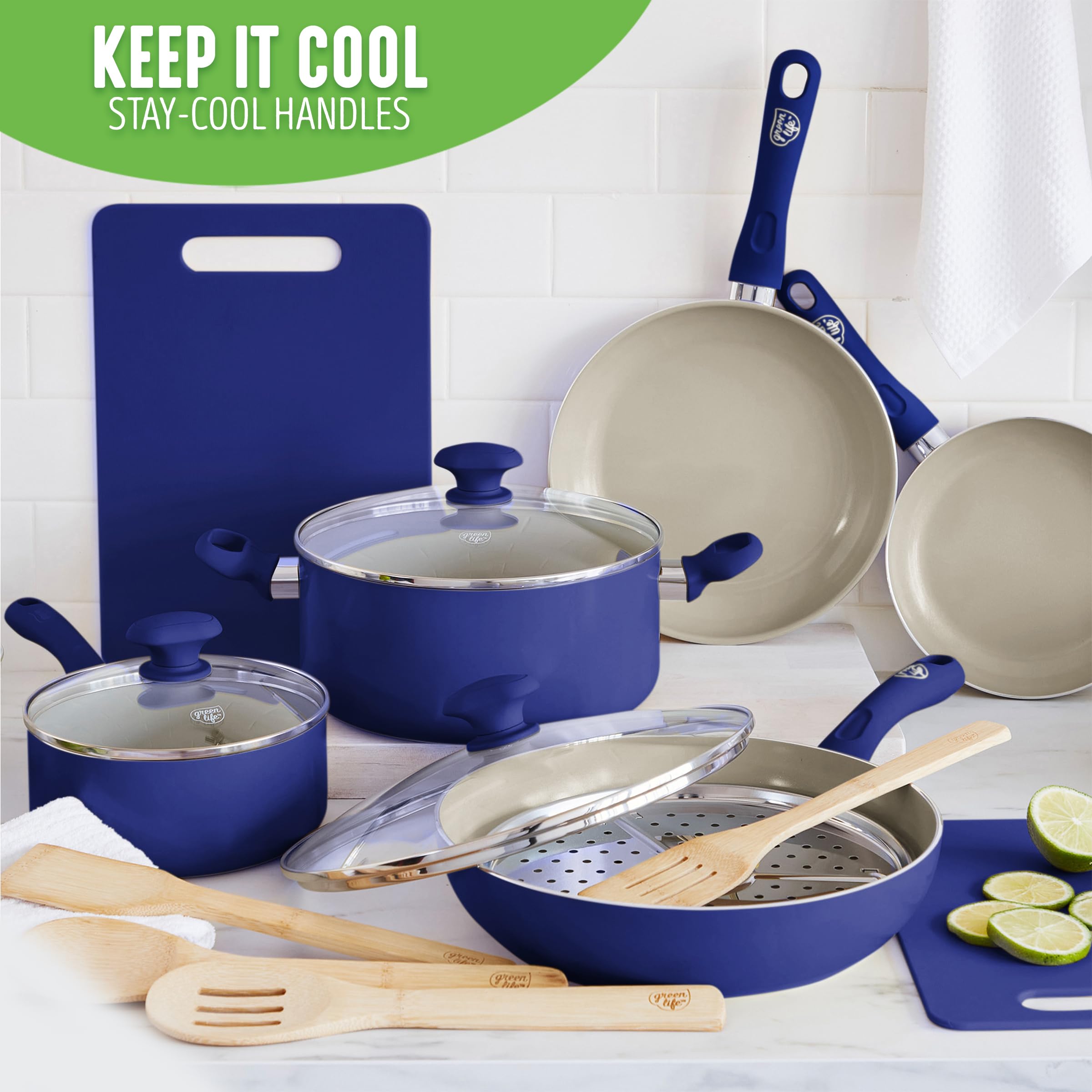 GreenLife Sandstone Healthy Ceramic Nonstick, 15 Piece Kitchen Cookware Pots and Frying Sauce Pans Set, PFAS- Free, Dishwasher Safe, Blue