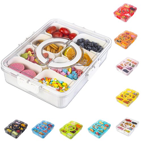 FEIOOD Patent Design Ribbed Snackle Box Container Snack Container Divided Serving Tray with Lid and Handle, 8 Divider Portable Snacklebox for Travel Beach for Charcuterie Veggie Fruit Candy,1 Pack