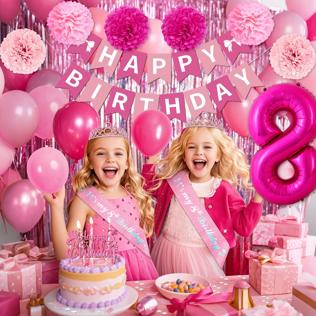 8th Birthday Decorations for Girls, Pink Party Decorations with Number 8 Balloon Happy Birthday Banner Bday Sash Crown Tablecloth Fringe Curtain Hanging Swirl for 8 Balloons for Bday Girl