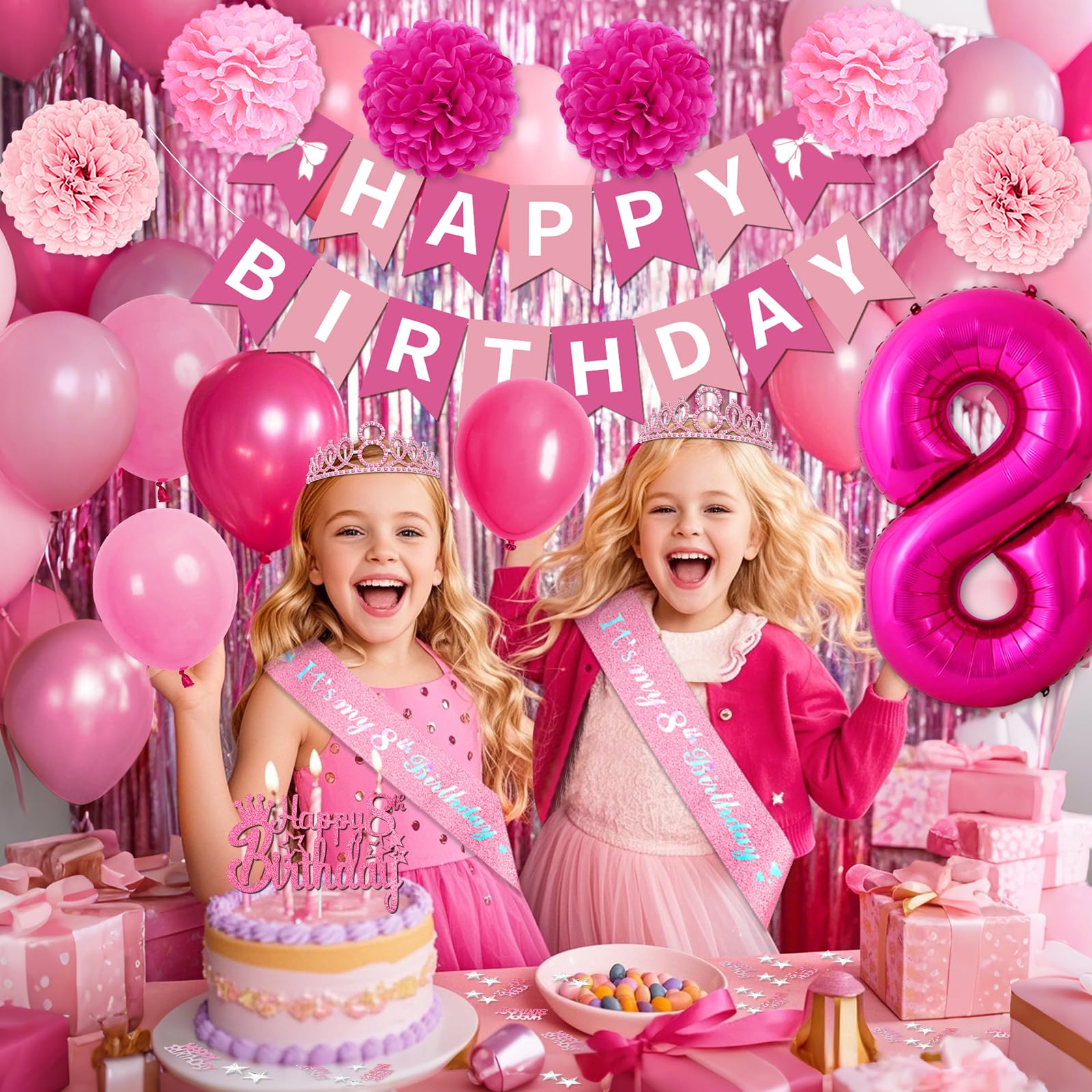 8th Birthday Decorations for Girls, Pink Party Decorations with Number 8 Balloon Happy Birthday Banner Bday Sash Crown Tablecloth Fringe Curtain Hanging Swirl for 8 Balloons for Bday Girl