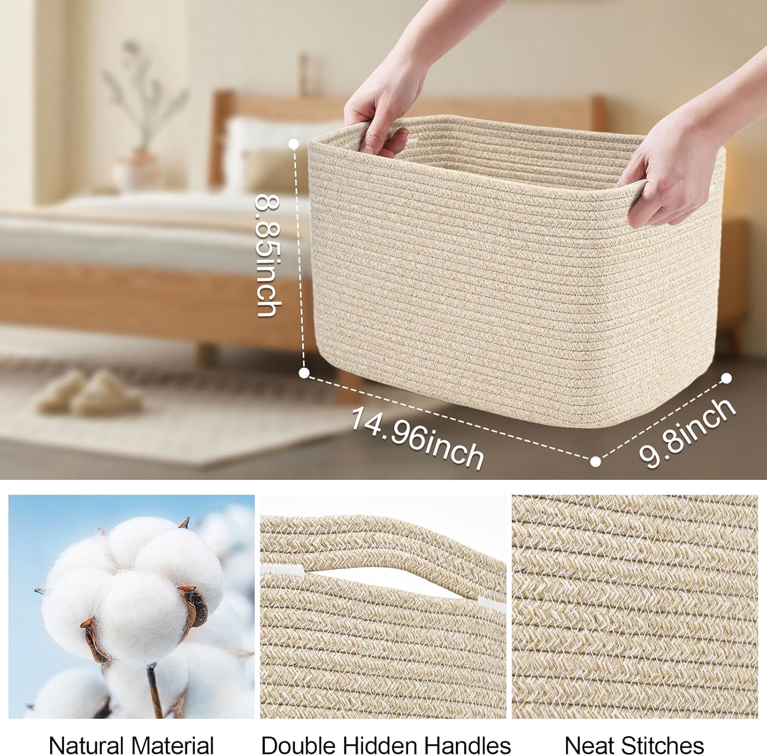 Storage Baskets - Woven Brown Organizing Bins | 3-Pack 15" x 10" x 9" for Toys & Home
