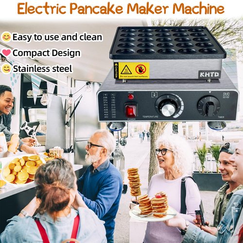 KHTD Mini Pancake Maker Machine, 25PCS Electric Nonstick Dutch Pancake Maker, 1.6 Inches Commercial Muffin Maker with Thermostat & Timer Control for Home Restaurant Snacks (12.8"D x 11.5"W x 7.6"H)
