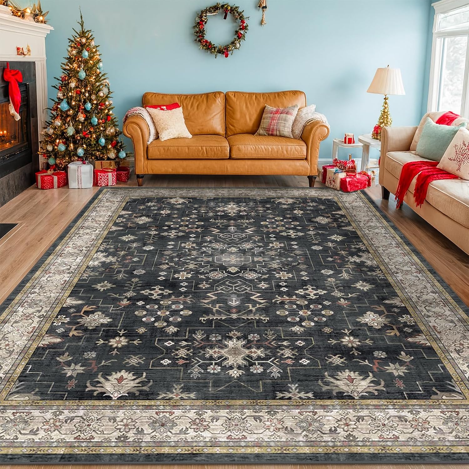 Skiennix Black Farmhouse Area Rug - Washable 8x10 for Living Room, Bedroom & Dining Room | Stain Resistant Non-Slip