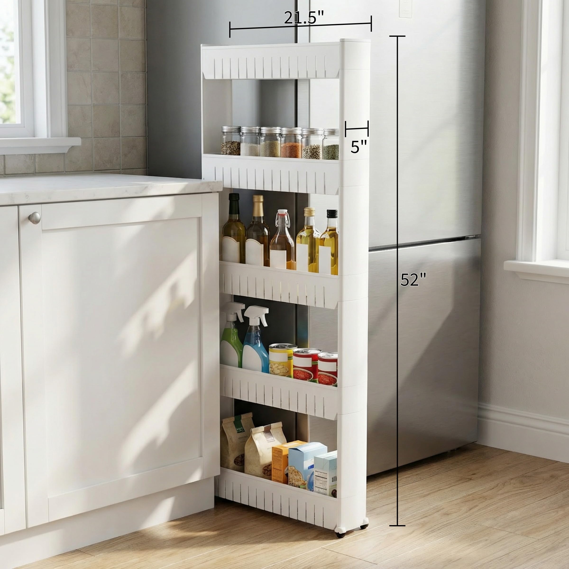 Slim Rolling Storage Cart - 5-Tier Utility Cart with Wheels for Bathroom, Kitchen, and Laundry Room - Bathroom Shelves by Lavish Home (White)