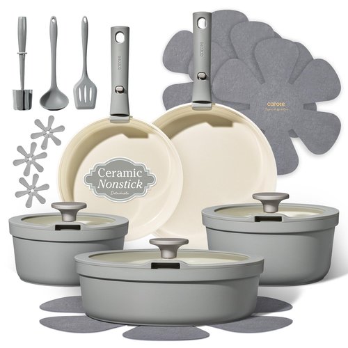 Carote 20pcs Ceramic Cookware Set with Detachable Handles, Pots and Pans Set Non Stick, RV Kitchen Cooking Pot and Pan, Dishwasher Safe, Non-toxic Induction Cookware PFAS and PFOA Free, Grey