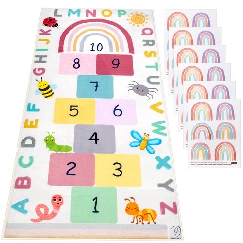 OVALLEY Kids Hopscotch Rug - Indoor, Game Mat with Numbers & Squares for Learning & Activity - Floor Runner, Number Games - Hop Scotch Rugs for Kid & Adult - Rainbow Alphabet mat for Small Classroom