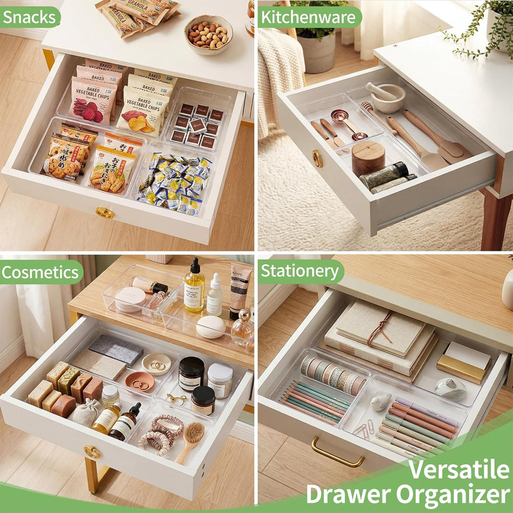 Skiennix Clear Plastic Drawer Organizer Tray - 6 PCS Large Size for Bathroom, Vanity & Office | 12'' Bins
