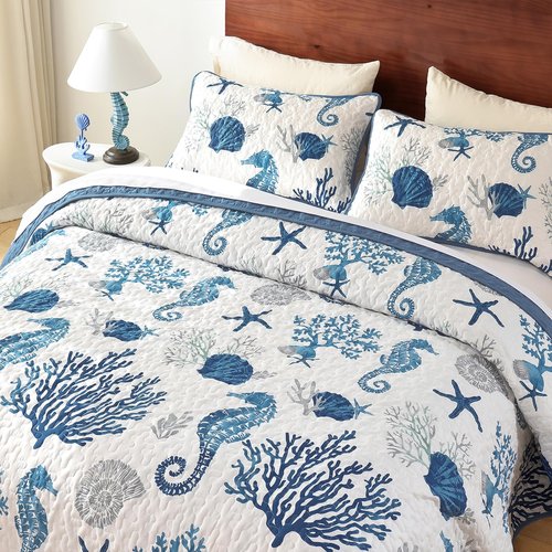 Djoymock Coastal Quilt Set Queen Size 3 Pcs, Summer Blue Beach Theme Quilts with Pillowcases Reversible Microfiber Ocean Bedding Set Nautical Bedspreads Coverlet Lightweight Comforter for All Season