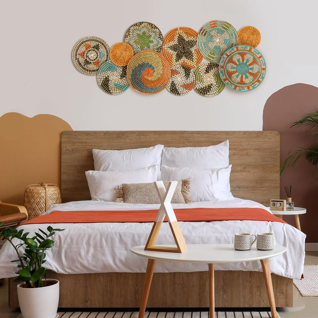 Tatuo 11 Pcs Boho Wall Basket Decor Bulrush Woven Wall Hanging Art Round Farmhouse Rustic Handmade Wicker for Summer Home, Bedroom, Living Room, Kitchen Decorations, Multi Sizes(Farmhouse)