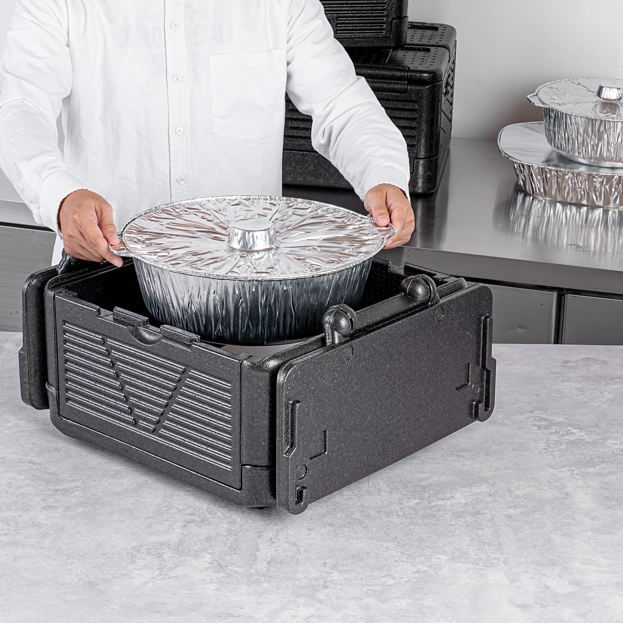 Restaurantware-Cater Tek 25 Quart Catering Hot Box, 1 Top Load Insulated Food Pan Carrier - Holds 1 Full Size 8” Deep Pan, Collapsible, Black EPP Plastic Food Box With Handles, Portable, For Buffet