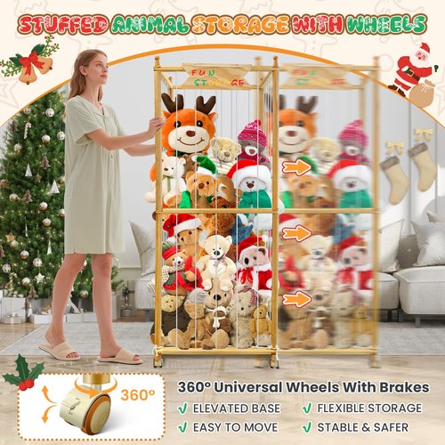 Large Stuffed Animal Storage, 550L Wood Plush Toy Storage With Wheels, Kids Plushies Storage With Thicker Elastic Band, Stuffed Animal Organizer For Playroom, Bedroom, Nursery(22.5in*22.5in*66.4in)