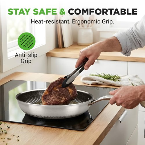 NutriChef 12" Stainless Steel Frying Pan with Lid- Triply Hybrid Large Skillet, Scratch-resistant Raised-up Honeycomb Fire Textured Pattern, Oven & DIshwasher Safe, NC3PL12