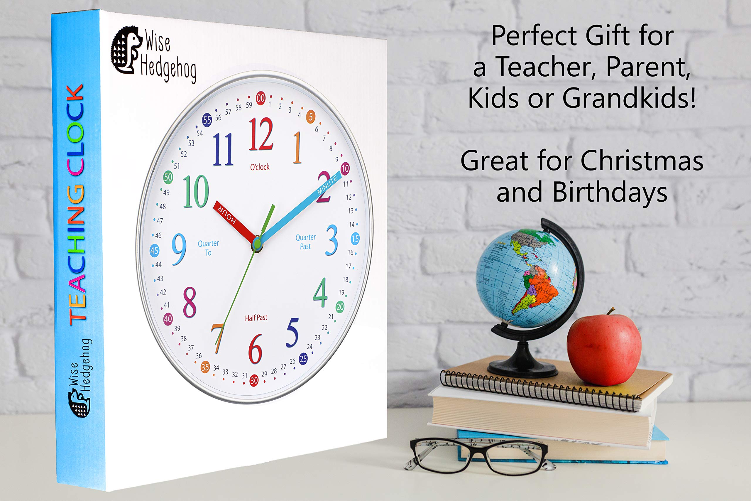 WISE HEDGEHOG Learning Clock for Kids, Silent Non Ticking, Telling Time Teaching Clock, Room Wall Decor for Bedrooms, Analog Kids Clock for Teaching Time, Kids Learn to Tell Time Easily