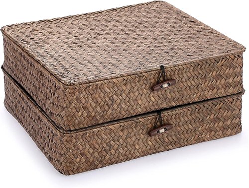 Hipiwe Woven Wicker Basket Bins - Set of 2 Large Seagrass Storage Baskets with Lid for Home Organization | Coffee Color