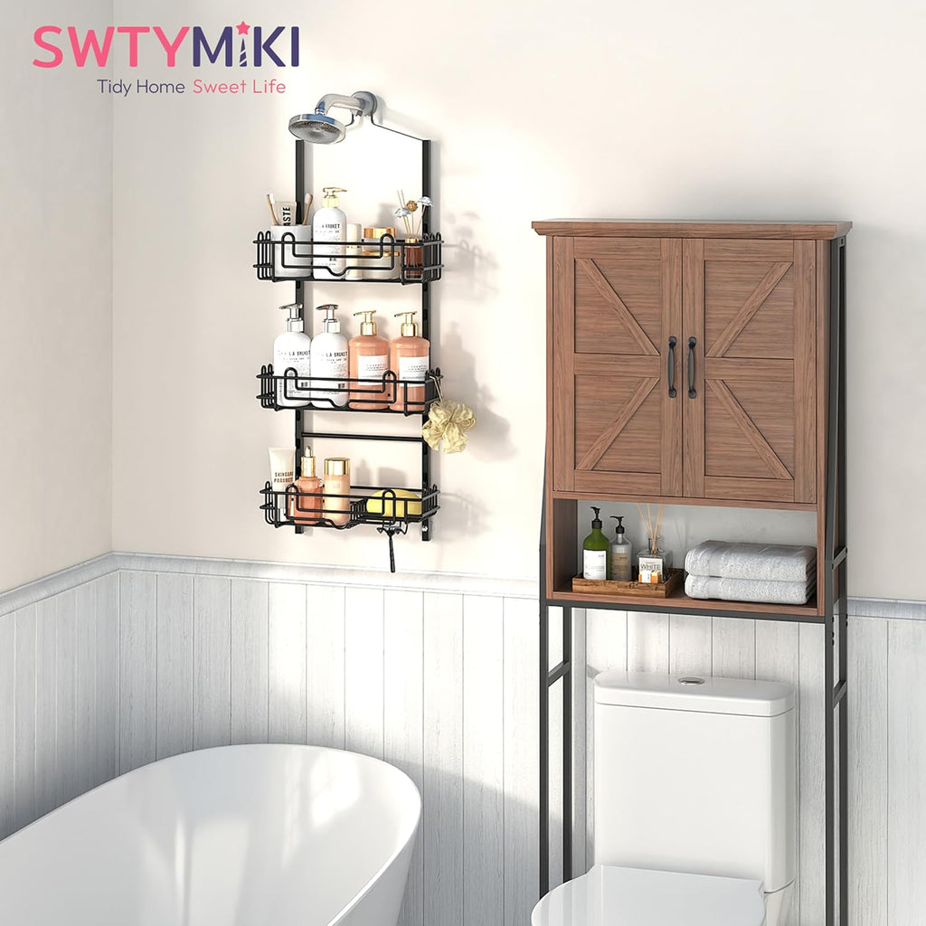 SWTYMIKI Shower Caddy - 3-Tier Rustproof Organizer with Adjustable Baskets & Hooks | No Drill, Black
