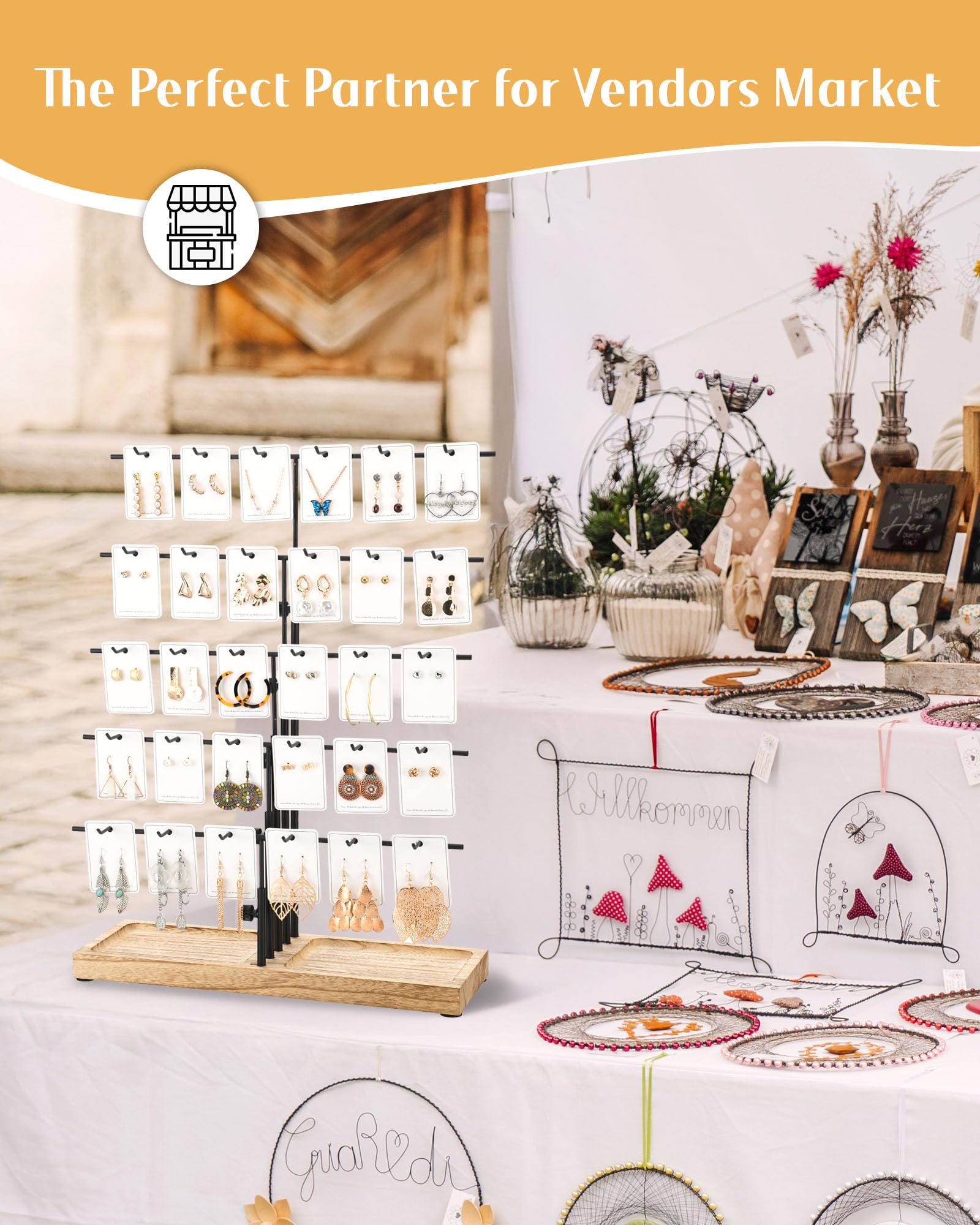 HULISEN Earring Display for Vendors, Adjustable Height Earring Display Stands for Selling, Jewelry Display for Earrings Card, Earrings Rack Display Holder with Tray, 30 Hooks, Carbonized Brown