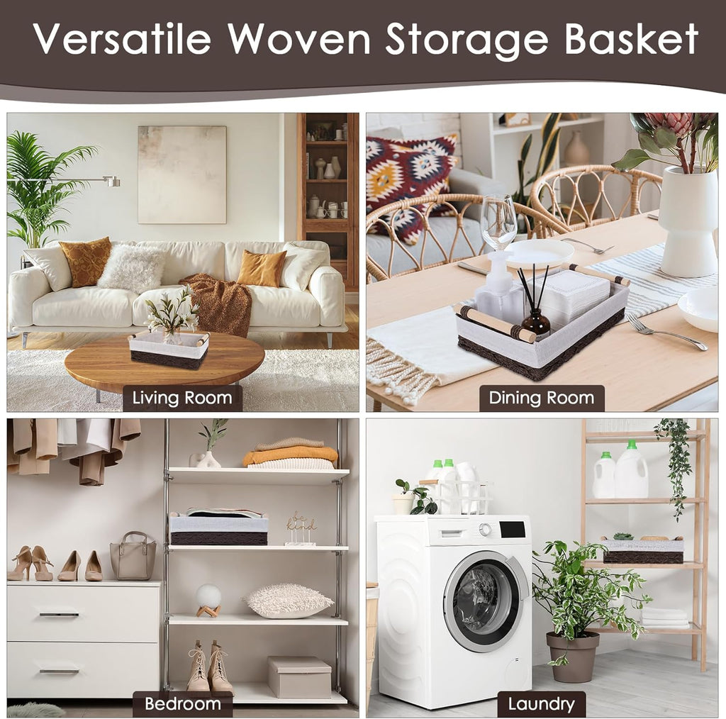Wicker Storage Basket - Decorative Paper Rope Baskets with Wooden Handle | 2-Pack, Brown for Home & Office Organization
